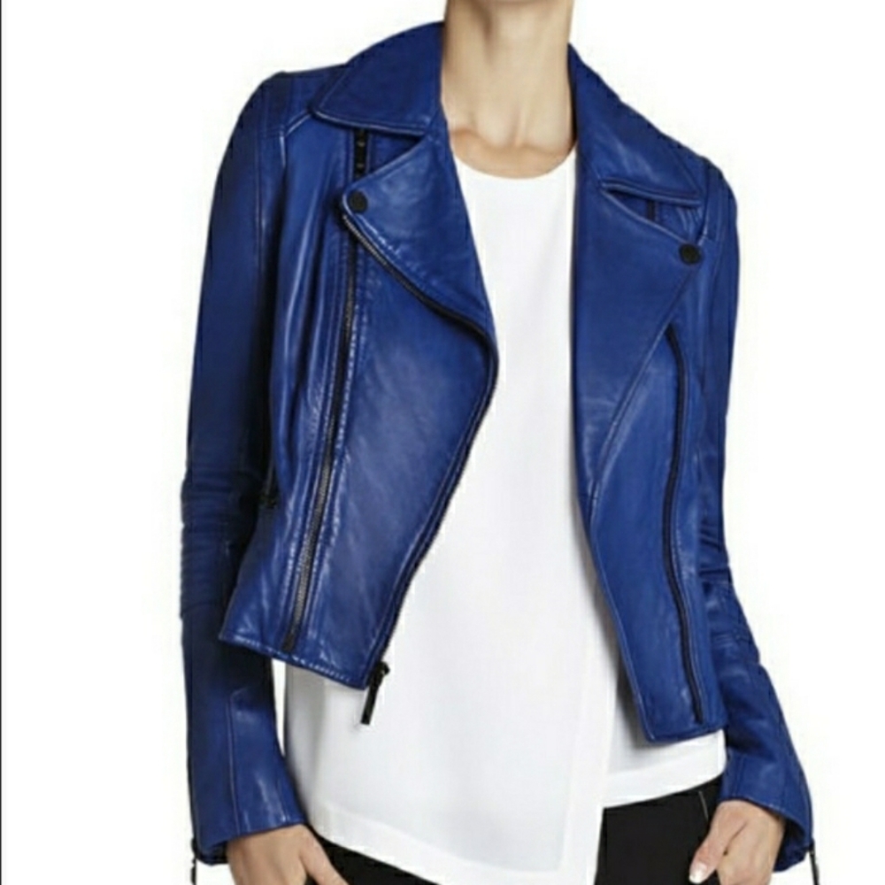New BCBGMaxazria Cobalt Leather Jacket Size Medium